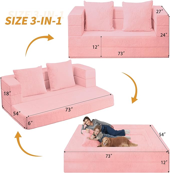 Folding Bean Bag Chair for Adults,3-in-1 Bean Bag Couch Faux Fur Floor Sofa Large Beanbag Convertible Bean Bag Sofa Bed with Pillow in Bedroom,Living Room,Apartment(Queen,Pink)