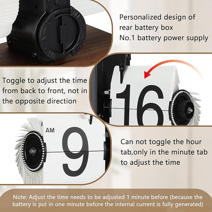 Flip Desk Clock, Retro Vintage Flip Desk Table Clock, Digital Sided Large Numbers Mechanical Flip Clock Wood Base for Living Room, Study Room and Office（Black）