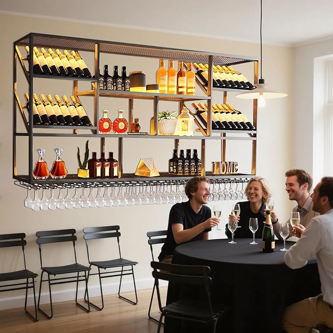 51Inch Wall Mounted Wine Rack, 3 Tiers Large Bar Shelves with 12 Glass Holder, Metal Wine Bottle Display Shelf, Modern Iron Liquor Shelf, for Kitchen Dining, Home Bar, Cellar (51.1" W)