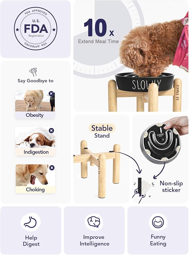 Ceramic Puzzle Slow Feeder Dog Bowl - 0.6 Cup Elevated with Wood Stand for Small Breeds, Black