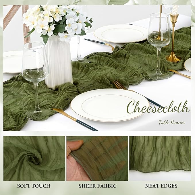 6 Pack Olive Green 10FT Cheesecloth Table Runner Rustic Gauze Cheese Cloth Table Runner for Wedding Bridal Baby Shower Table Decorations Boho Fabric Sheer Birthday Party Decor 20 x 120 Inch Long