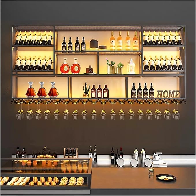 59Inch Wall Mounted Wine Rack, 3 Tiers Large Bar Shelves with 14 Glass Holder, Metal Wine Bottle Display Shelf, Modern Iron Liquor Shelf, for Kitchen Dining, Home Bar, Cellar (59.1" W)