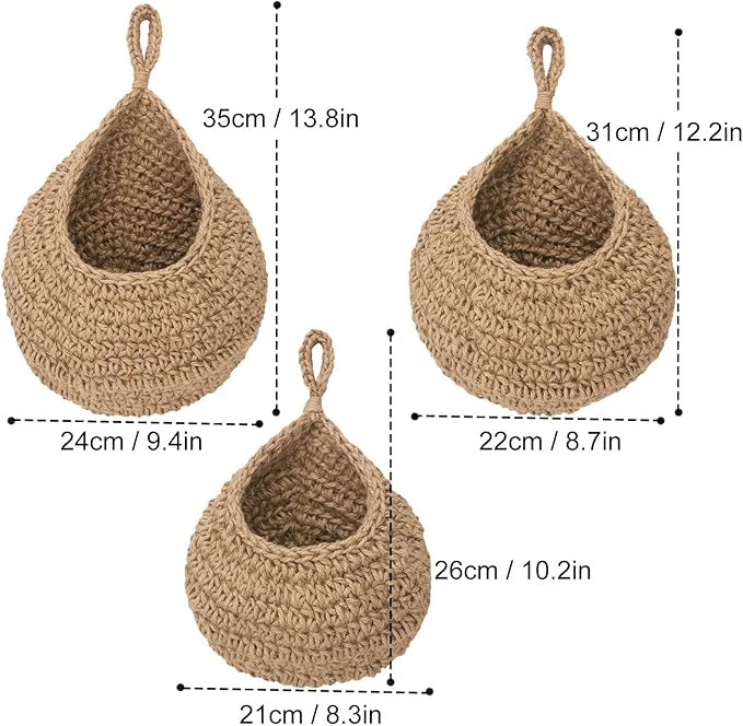 3 Pack Hanging Wall Basket with Hook, 3 Size Wall Hanging Fruit Baskets, Hanging Baskets for Organizing, Hanging Fruit Baskets for Kitchen, Restaurant, Coffee Shop, Party and Garden Decor