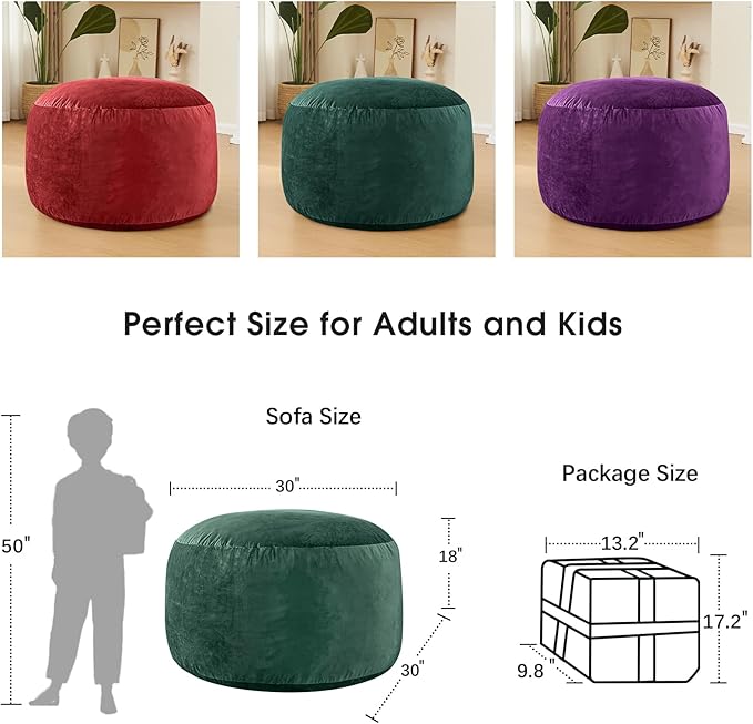 Bean Bag Chairs for Kids - Memory Foam Furniture BeanBag Chair - Kids/Teens Sofa with Soft Micro Fiber Cover - Round Fluffy Couch for Living Room Bedroom College Dorm - 2.5 ft, Green