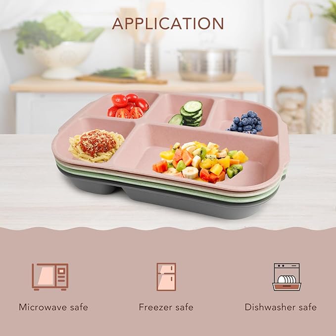 greenandlife 10.8 Inch 4PCS Divided Plates for Kids Adults, Portion Control Plates, Dishwasher & Microwave Safe Compartment Plate, Unbreakable Lightweight Reusable Wheat Straw Plates, INS