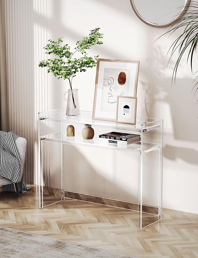Acrylic Console Table, Entryway Table with Storage Shelves (1, 39.4 * 31.5 * 11.7) (Clear)