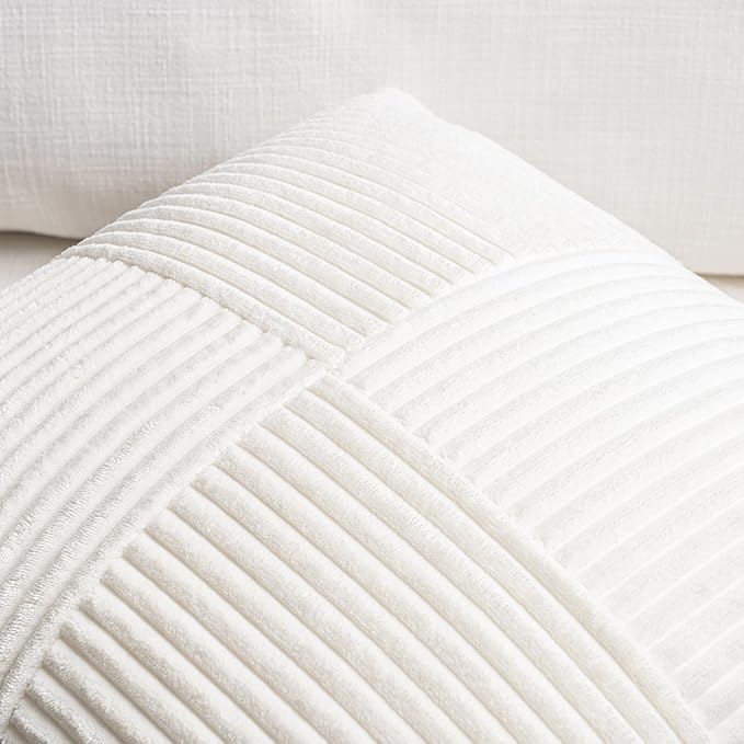 Fancy Homi Set of 2 Cream White Boho Long Lumbar Body Decorative Throw Pillow Cover 14x36 Inch for Bed Couch Bedroom Bench, Soft Patchwork Corduroy Textured Pillow Case, Rustic Farmhouse Room Décor