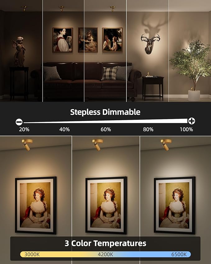 EZVALO LED Spotlight Indoor, 5500mAh Rechargeable Battery Uplighting Indoor, Wireless Mini Art Accent Spot Lights with Remote, for Plants Display Painting Dartboard Artwork Portrait Closet(4Pack-Gold)