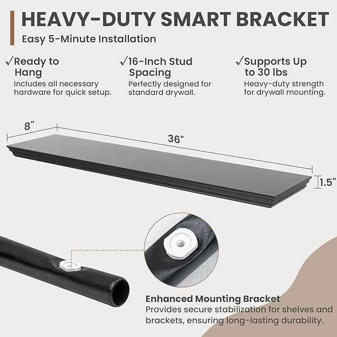 Floating Shelves for Wall, 36 Inch Long Wall Mounted Black Hanging Shelf for Kitchen, Living Room, Office, Bedroom, Bathroom, Retro Vintage Wood Bookshelf for House Decor