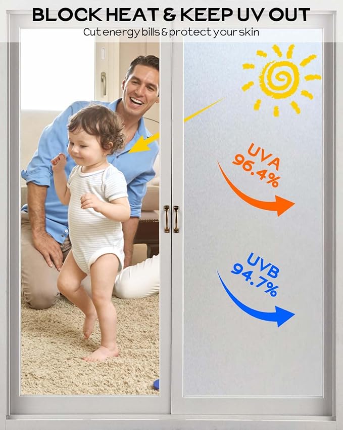 Frosted Glass Window Privacy Film Decorative, Bathroom Privacy Film for Glass Windows Cover, Static Cling, Removable, Reusable, Anti-UV, Anti-Glare, Heat Blocking,（Pure,17.5X196.9Inch）