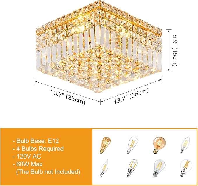4-Light Gold Crystal Chandeliers Flush Mount Chandelier Light Fixture with K9 Crystals Modern Ceiling Lights Elegant Square Lamp for Bedroom,Hallway,Bar,Living Room,Dining Room,H5.9 xW13.7