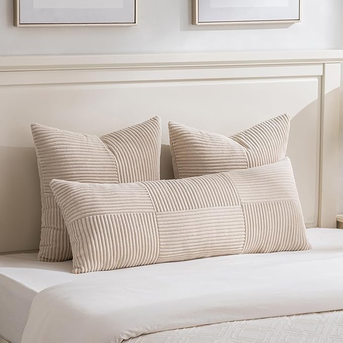 Fancy Homi 2 Packs Tan Euro Decorative Throw Pillow Covers 26x26 Inch for Living Room Couch Bed, Farmhouse Boho Home Decor, Soft Corss Corduroy Patchwork Textured Square Beige Cushion Case 66x66 cm