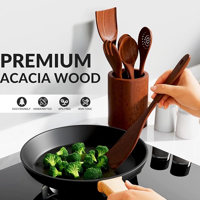 6-Piece Acacia Wood Cooking Utensil Set – Wooden Kitchen Pan Toolset for Nonstick Cookware – Includes Spoons & Spatulas – Non-Scratch, Eco-Friendly Cooking Tools – Everyday Use - Lifetime Replacements