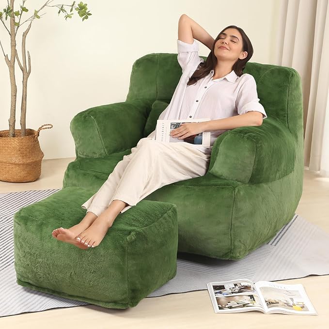 Comfy Gaint Bean Bag Chair with Ottoman, Huge Bean Bag Armchair for Adults and Teens, Green
