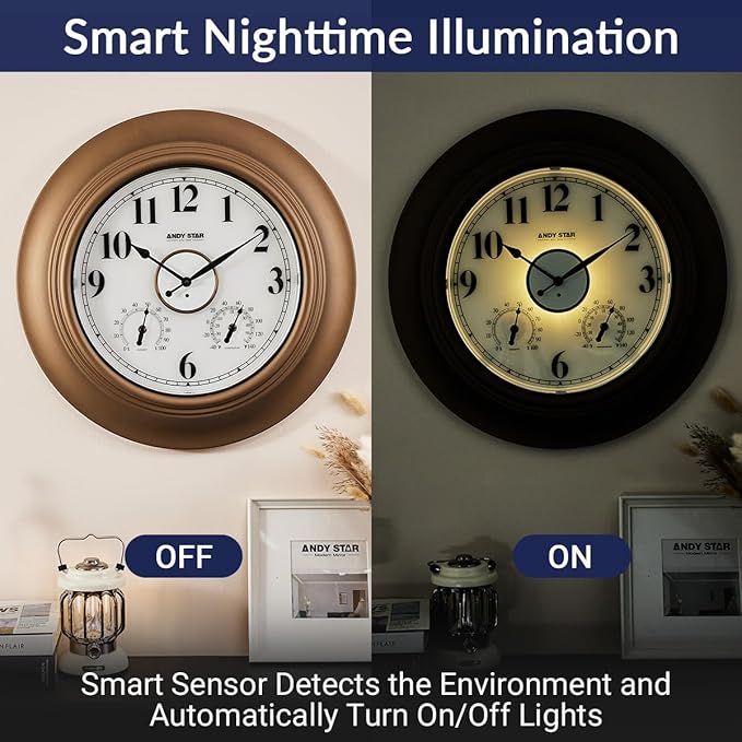 Andy Star 21 Inch Large Luminous Outdoor Wall Clock Waterproof with Temperature, Vintage Round Wall Clocks Battery, Oversized Pool Clock for Garden Patio Rustic Bronze Finish Silent Non Ticking Clock