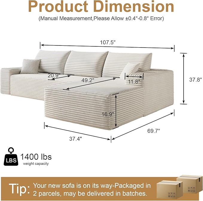 108" Sectional Couches for Living Room Modern Modular Sofa with L-Shape Couchs Upholstered Boneless Couch Deep Seat Sectional Couch with Chaise (White, Right Facing Chaise+2Seaters)