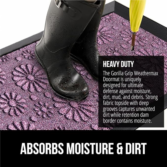 GORILLA GRIP 100% Waterproof All-Season WeatherMax Doormat, 23x35, Durable Natural Rubber, Stain and Fade Resistant, Low Profile, Indoor Outdoor Doormats, Easy Clean Entry Mat, Purple Confetti Daisy