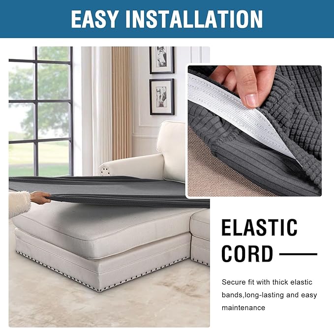 H.VERSAILTEX Super Stretch Individual Chaise Cover Sectional Couch Covers for L Shaped Sofa Both Left/Right Featuring Thick Jacquard Textured Twill Fabric (1 Piece Chaise Cover, Grey)