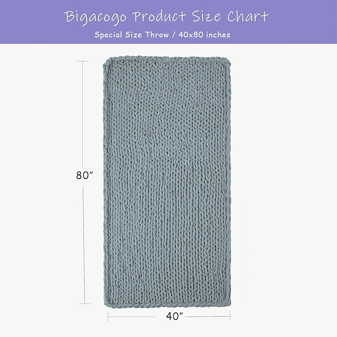 Bigacogo Chunky Knit Throw Blanket for Couch, 40x80 inches, 100% Hand Knitted with Thick Jumbo Chenille Yarn, Cozy Soft Large Rope Knot Cable Crochet Blankets for Sofa Bed Living Room, Dusty Blue