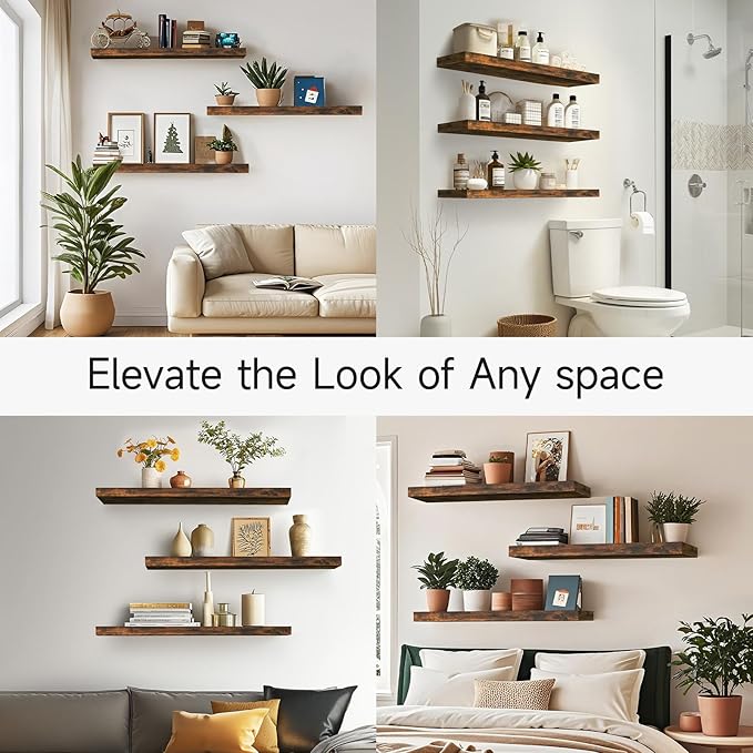 BAYKA Floating Shelves for Wall, 36 inches Wall Mounted Rustic Wood Shelves for Bathroom, Bedroom, Living Room, for Storage/Decor with 30lbs Capacity（Rustic Brown,Set of 3