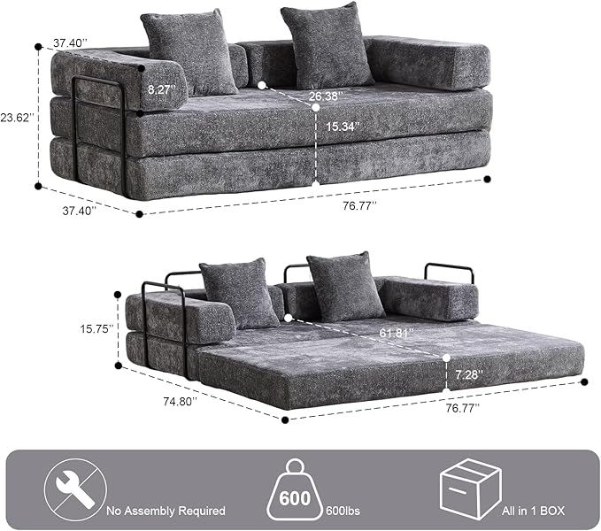 Convertible Sleeper Sofa Bed, Compression Folding Sofa with Pillow, No Assembly Required, Shape Frame, Floor Sofas Lounge Couch for Living Room, Bedroom, Small Spaces(Chenille, 77''W, Dark Grey)