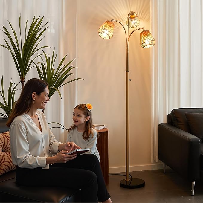Gold Rattan Floor Lamp for Living Room, 72 Inch Tall Boho Floor Lamp with Rotary Switch, 3 Lights Arc Lamp with Wicker Shade for Coastal,Bohemian,Modern,Tree Farmhouse Standing Lamp