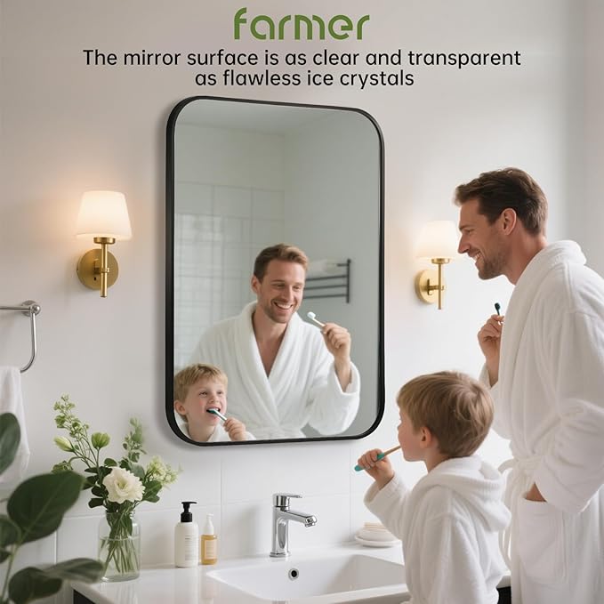 FARMER 22x30 Inch Black Bathroom Mirror, Rectangle Vanity Mirror, Brushed Mirrors for Wall, Metal Frame Hanging Mirror with Round Corner for Bedrooms, Entryways, Living Rooms, Horizontal/Vertical