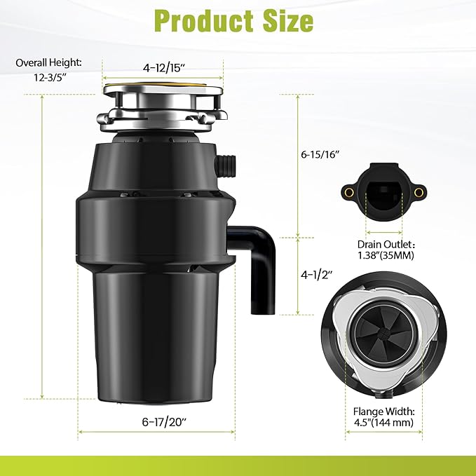 DC Garbage Disposal 3/4 HP Quiet (60dB) with Cord & Dishwasher Hookup for Kitchen Sink Food Waste, 6-Stage Grinding, 3-Bolt, 2700RPM, Continuous Feed, Titanium Stainless Steel, 10-Year Warranty