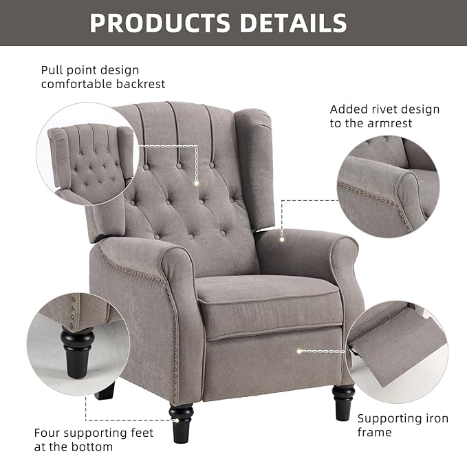CANMOV Push Back Recliner Chair, Accent Chair,Mid Century Wingback Recliner, Fabric Push Back Recliner Chair Single Armchair Sofa with Rivet Decoration,Button-Tufted Back for Living Room, Grey