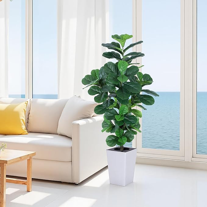 Fiddle Leaf Fig Tree, 5ft Tall Fake Silk Tree in White Planter, Faux Floor Plants with 108 Fiddle Leaves, Artificial Plants for Home Office Decor Indoor