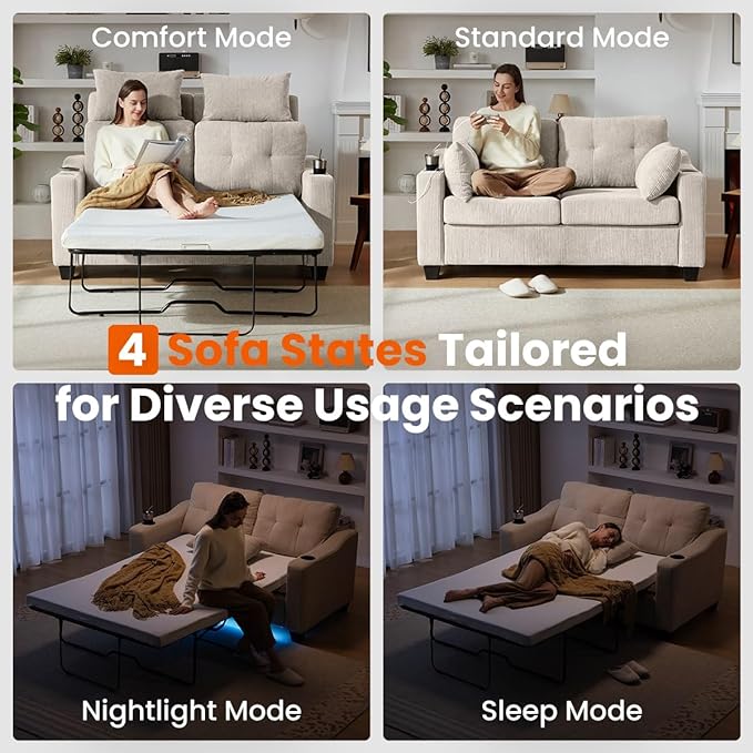 CHIC HOUSE Pull Out Sofa Bed, Full Size Sleeper Sofa, 2-in-1 Convertible Corduroy Couch with USB Charging, Memory Form Couch for Living Room, Apartment and Small Space (Beige, Corduroy - Full Size)