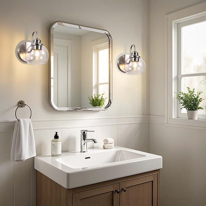 Farmhouse Gooseneck Wall Sconces Set of Two, Bathroom Brushed Nickel Vanity Light, Modern Indoor Wall Light Fixtures with Clear Glass for Bathroom Beside Mirror Living Room Hallway(Brushed Nickel)