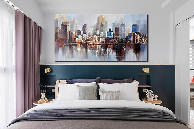 Arjun Brooklyn Bridge Wall Art Modern New York City Abstract Canvas Cityscape Painting, NYC Skyline Textured Picture for Living Room Bedroom Home Office Wall Decor Extra Large Size Framed 58"x29"