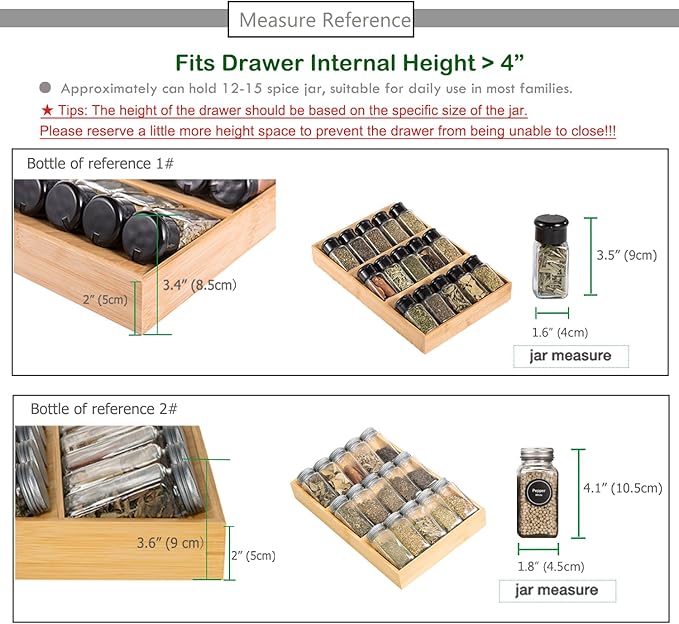 3-Tier Bamboo Drawer Spice Rack Wooden Kitchen Cabinet Spice Organizer Spice Jar Holder, Medicine/Health Care/Vitamin Bottles Storage Rack (Pre-Measure Drawer Dimensions), 1 Pack Drawer Rack