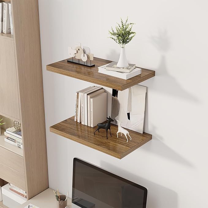 24" Floating Shelves for Wall, 12" Deep Slim Walnut Floating Shelves, Wall-Mounted Shelves for Bedroom, Living Room, Kitchen, Bathroom - Set of 2