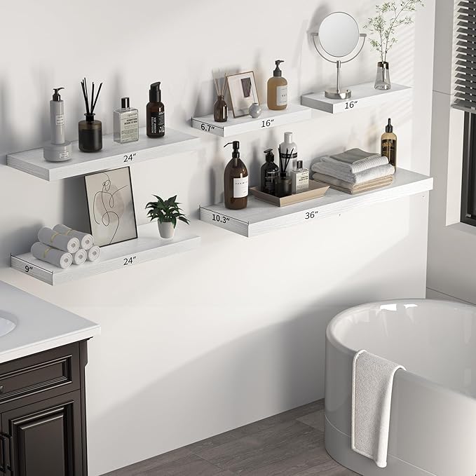 Floating Shelves - 10.3 Inch Deep Wall Shelf for Decor & Storage - Wall Mounted Display Shelving with Invisible Heavy-Duty Metal Bracket - 36" W x 10.3" D x 1.8" H - Set of 1 - Rustic White