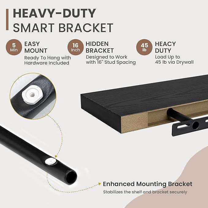 48 Inch Floating Shelves, 8 Inch Deep Floating Shelves for Wall, Hanging Shelf with Invisible Brackets, Deep Shelves for Bathroom, Bedroom, Living Room, Black, Set of 1