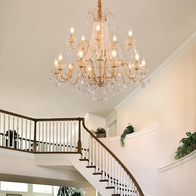 40" Large Brass Crystal Chandeliers,Gold Brushed Brass Chandelier for High Ceiling Living Room Dining Room Staircase Hallway Entryway Foyer(15-Light, Bulb Included)