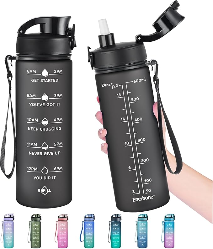Enerbone Water Bottle, Leakproof BPA & Toxic Free, Motivational Water Bottle with Times to Drink and Straw, Fitness Sports Water Bottle with Strap for Office, Gym, Outdoor Sports