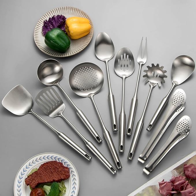 304 Stainlss Steel Kitchen Utensils Set, 11 Pcs Long Metal Cooking Utensil Gadgets Tools Set with Spatula, Ladle, Spoon, Ladle, Skimmer, Tunner, Pasta Server, Tongs(Silver, Dishwasher Safe)