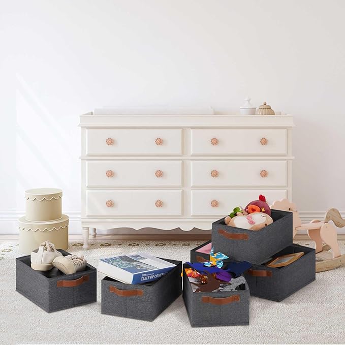 GhvyenntteS Small Fabric Storage Bins 6 Pack, 11.8" x 7.87" x 5.11" Storage Basket with Leather Handles, Closet Storage Bins for Shelves, Storage Baskets for Shelves, DVD Storage (Grey)