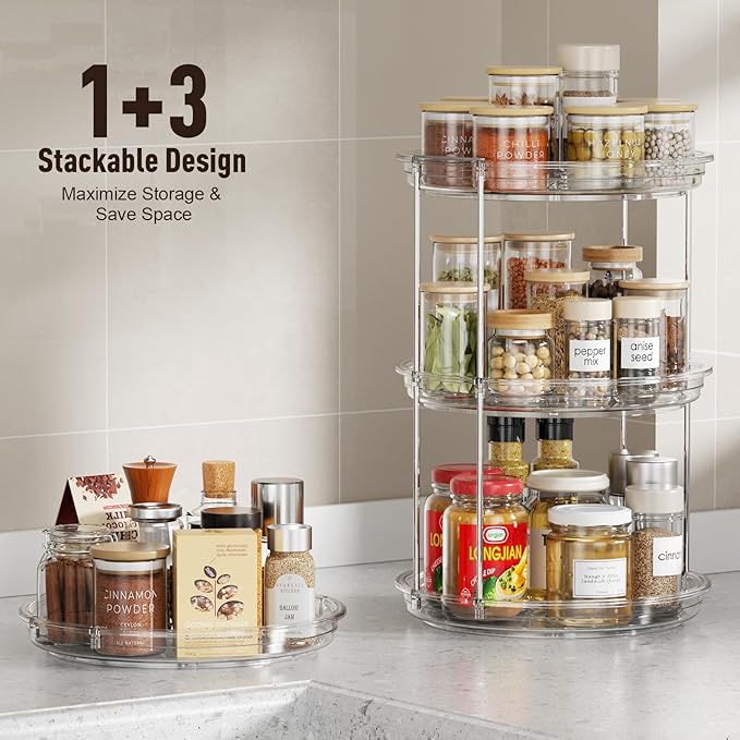 2 Pack 2 Tier Lazy Susan Organizer, 9.25'' Lazy Susan Turntable for Cabinet, Stackable Turntable Organizer Rotating Spice Rack Organization for Kitchen Countertop, Pantry, Bathroom, Clear