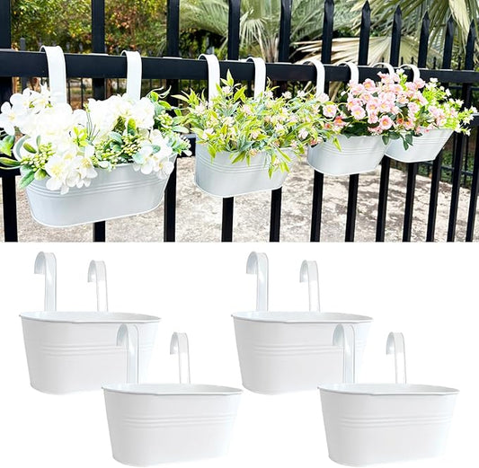 10" Hanging Flower Pots, Pack of 4 White Metal Outdoor Patio Balcony Planter, Railing Planters Fence Pot with Detachable Hook & Drainage Hole for Small Plants (White, 4Pcs)