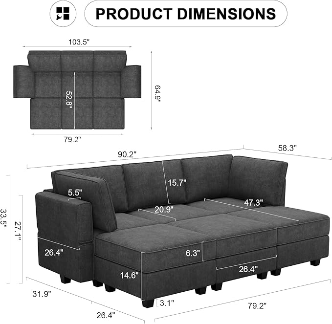 Belffin Terry Fabric Modular Sectional Sleeper Sofa Bed with Storage Convertible Sectional Couches for Living Room 6 Seaters Black Modular Sofa