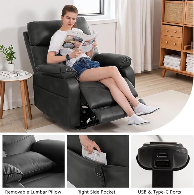 Dual Motor Power Lift Recliner Chair for Adult & Elderly, Infinite Position Lay Flat Lift Chair with Heat & Massage, Cup Holder, Lumbar Pillow, Wireless Charger, USB Ports, Leather (Silver Grey)