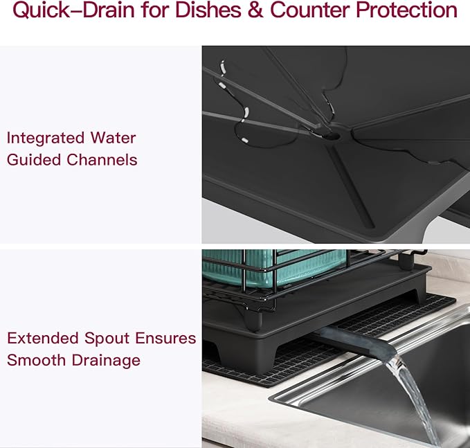 BOOSINY 2 Tier Black Large Stainless Steel Dish Drainers Drying Rack for Kitchen Counter with Drainboard, Rust Proof Metal, Space Saving, Modern Aesthetic, Compact Plates Strainers with Extra Mat