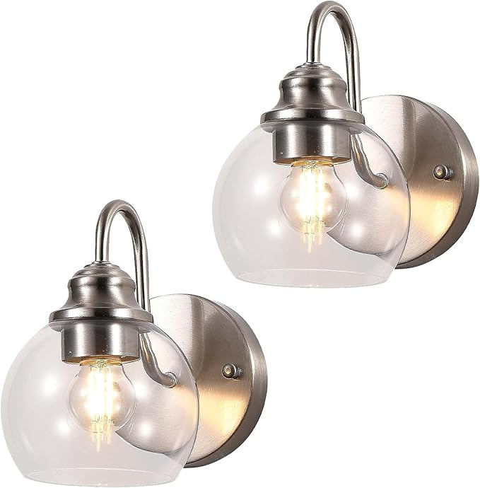 Farmhouse Gooseneck Wall Sconces Set of Two, Bathroom Brushed Nickel Vanity Light, Modern Indoor Wall Light Fixtures with Clear Glass for Bathroom Beside Mirror Living Room Hallway(Brushed Nickel)