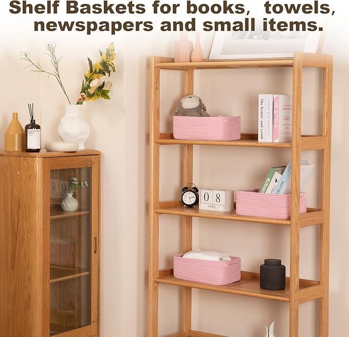 3 Pack Small Storage Baskets for Organizing, Cute Woven Decorative Gift Baskets for Shelves, Mini Closet Organizer Bins with Handles, 11.81''Lx7.87''Wx4.72''H-Pink