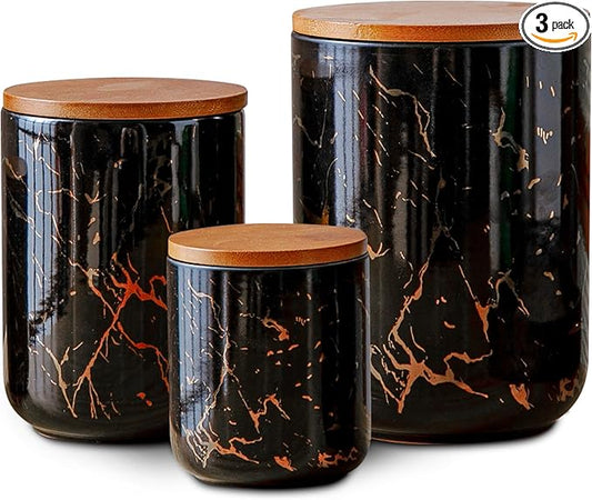 Ceramic Canister Set with Bamboo Airtight Lids, 3-Piece Kitchen Storage Jars (48oz, 30oz, 12oz) – Black with Gold Marble Pattern, Glossy Finish, for Coffee, Sugar, Flour & More