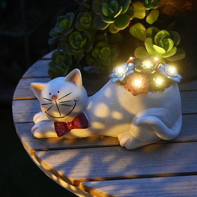 Cat Garden Figurines Outdoor Decor Solar Statue with Succulent and LED Lights for Patio Lawn Yard Art Decoration Housewarming Garden Gift